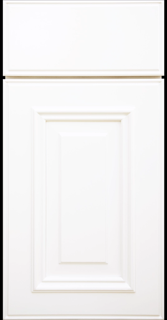 Custom Frost White Anderson Raised Panel Kitchen Cabinet Door and matching Slab Drawer Front.